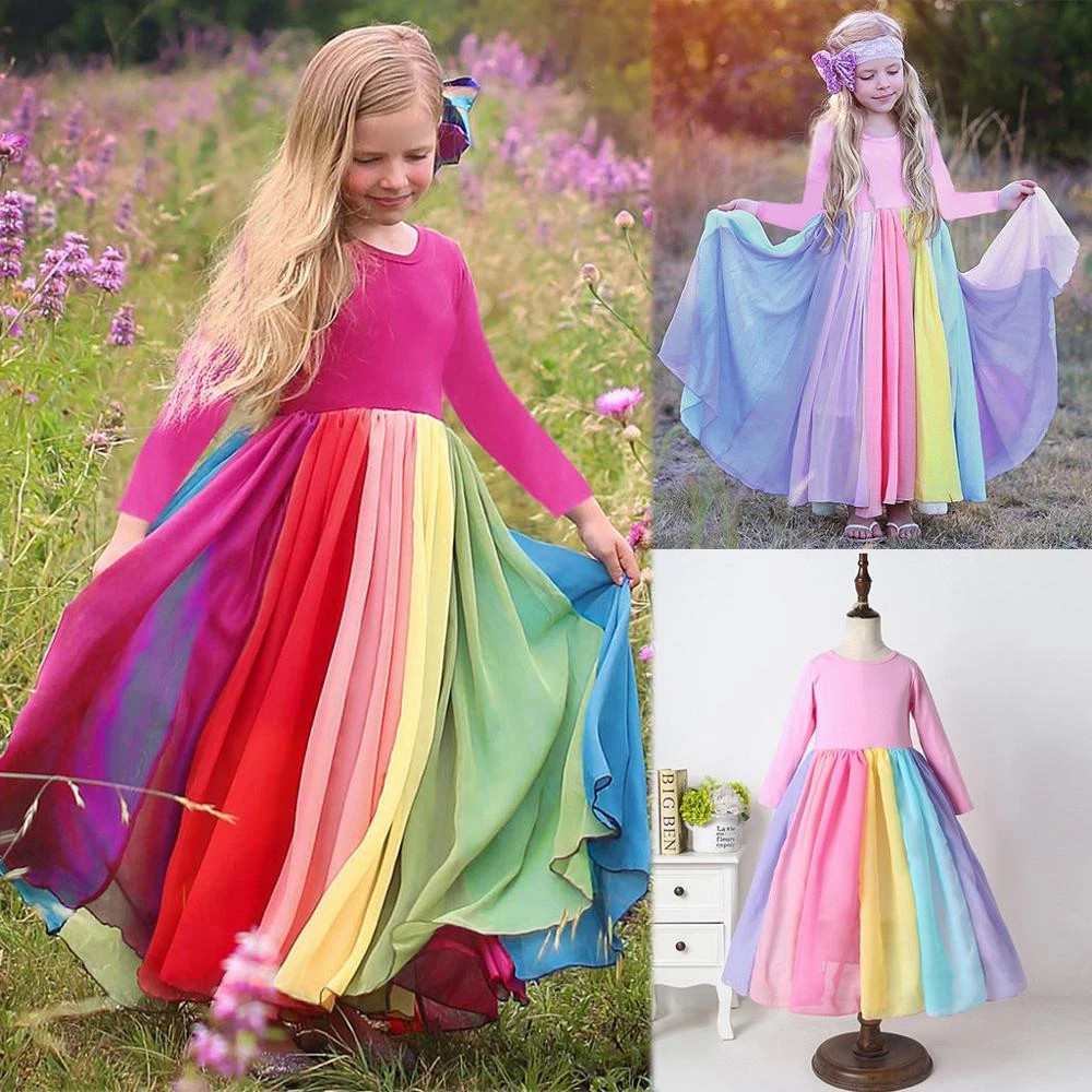 Robe Princesse D Epissure Arc En Ciel Pour Bebe Fille Tenue De Spectacle De Fete D Anniversaire A Manches Longues Aliexpress