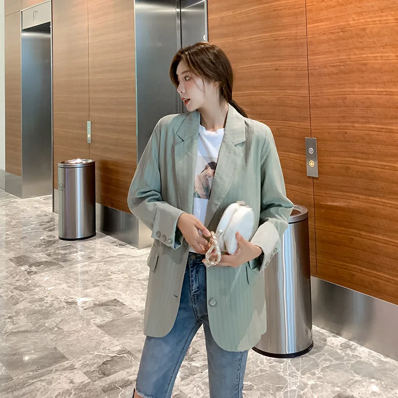 

2019 Autumn New Style Mid-length Small Suit Stripes Suit Jacket Ol Commuting Small Suit Women's Autumn