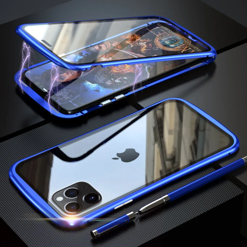 Для IPhone 11 Pro Max Магнитный чехол Роскошный Алюминиевый металлический бампер двухсторонний закаленное стекло Магнитный чехол 360 Защитный чехол - Цвет: Blue