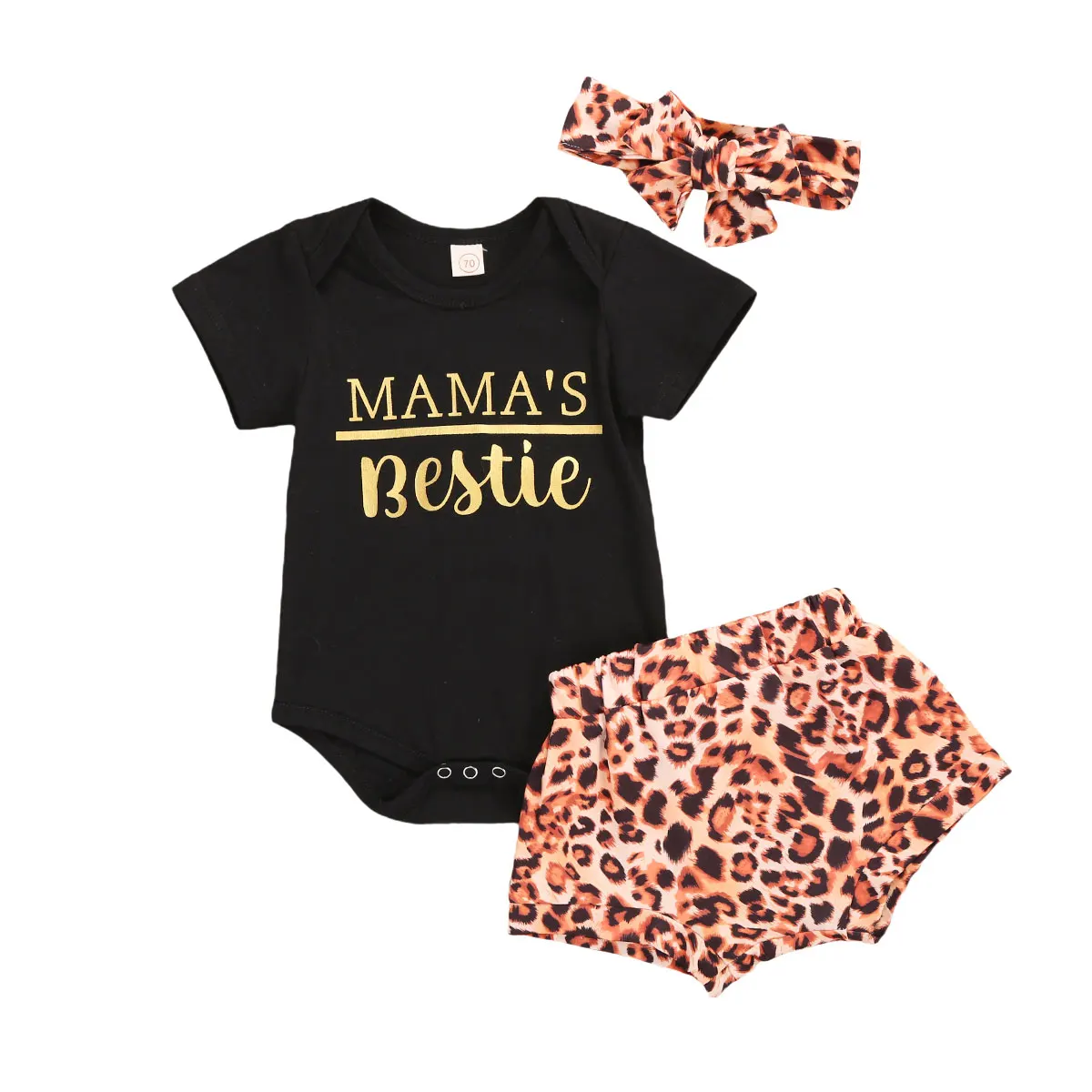 

3Pcs Newborn Baby Girls Summer Outfits Infant Short Sleeve Round Neck Letter Romper Leopard/Snakeskin Print Shorts and Headbnad