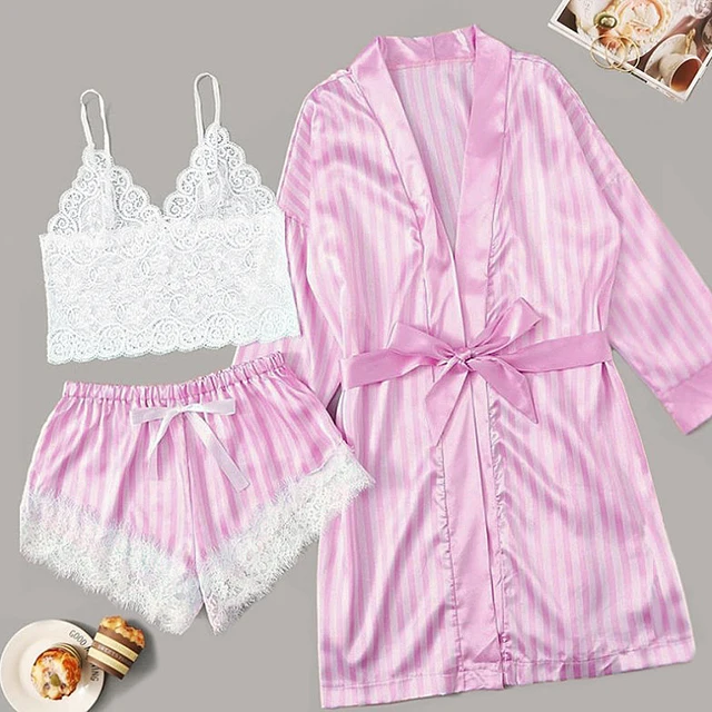Long sleeve Womens Pajamas Sexy Lace Lingerie Nightwear Underwear Sleepwear 3PC Suit Pajama Sets For Women