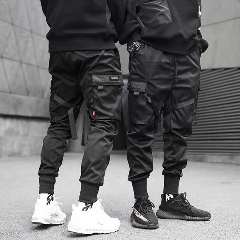 Hip Hop Boy Track Pants Elastic Waist Harem Pant Men Streetwear Punk Ribbons Design Trousers Pockets Joggers,men trousers
