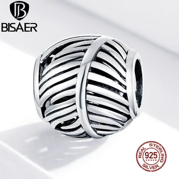 

BISAER Vintage Feather Beads Real 925 Sterling Silver Openwork Round Charms Fit DIY Bracelet Necklace Pendant For Female ECC1509