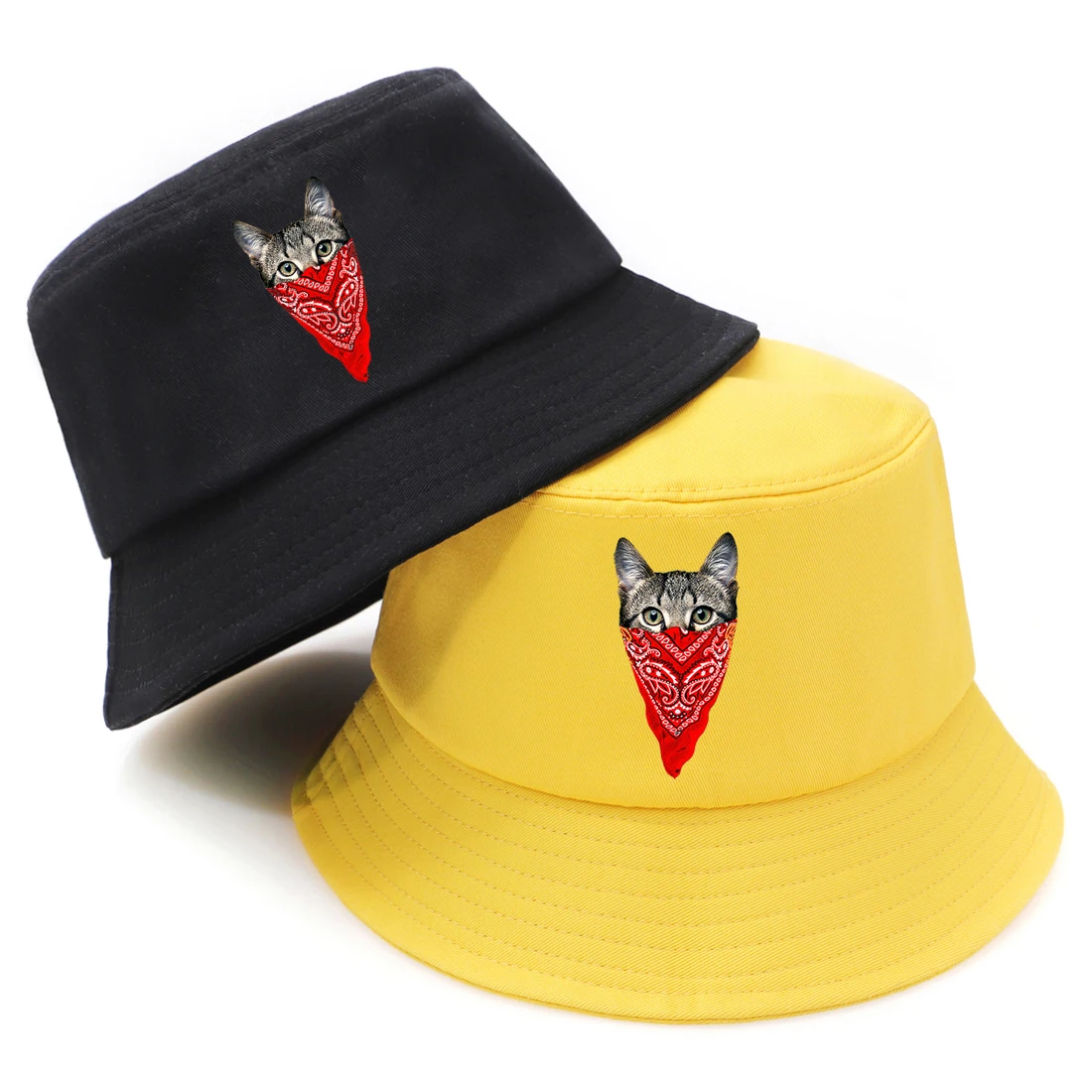 Cute Cats Print Foldable Fisherman Hat Woman Casual Summer Beach Sun Hats Fashion Man Soild Color Panama Bucket Hat Black Caps