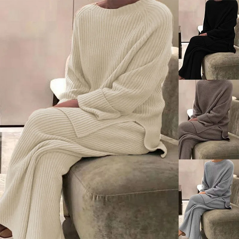 New Fashion Homewear Women Soft 2 Piece Set Autumn Winter Solid O Neck Pullover Tops Knitted Pants Elegant Lady Pajama Home Suit