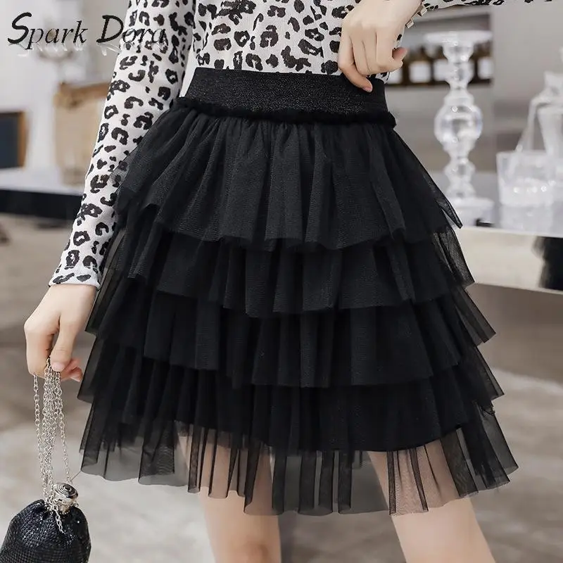 SparkDora Spring 2020 New Style Early Spring Retro Hong Kong Style High Waist Short Poncho Skirt Bottomed Half Body Mesh Skirt