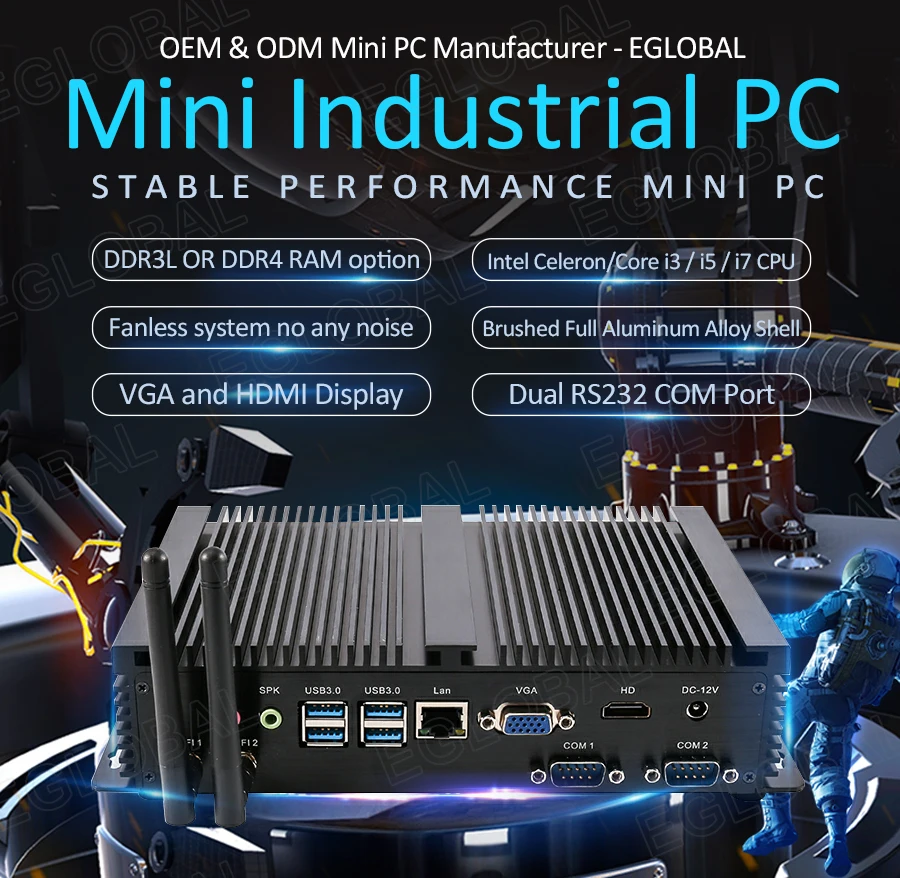 Eglobal Industrial Fanless Mini PC with I5 6300U, I7 10510U, Windows 7/8/10, VPN Router, VGA, HDMI, 4G, WiFi, BT Description Image.
