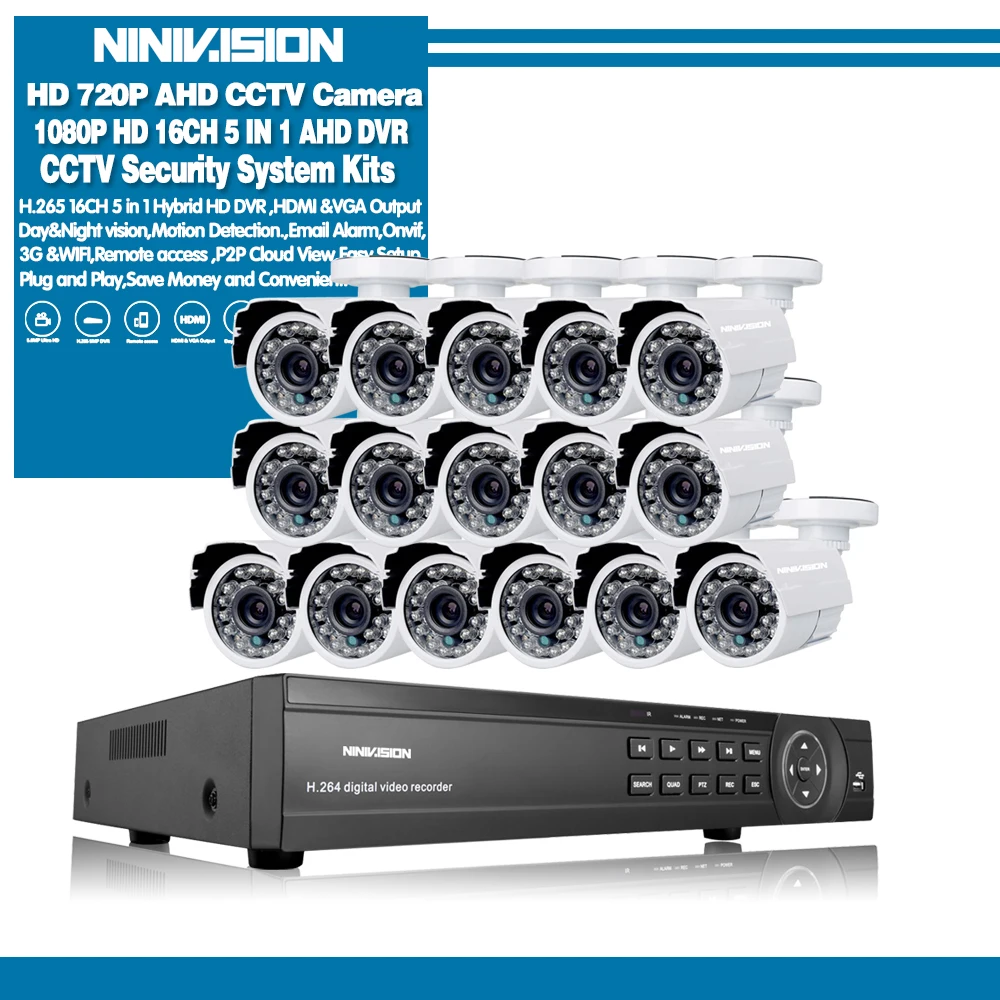 NINIVISION HD видеонаблюдение 16CH CCTV система AHD-H 1080P DVR 16 шт AHD 720P камера CCTV комплект безопасности HDMI 1080P - Цвет: Белый