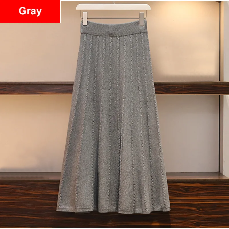 Gray Трикотажная Женская юбка-свитер размера плюс в Вертикальную Полоску, 3Xl 4Xl, эластичные плиссированные юбки средней длины, шикарные женские юбки трапециевидной формы с высокой талией - Цвет: Gray