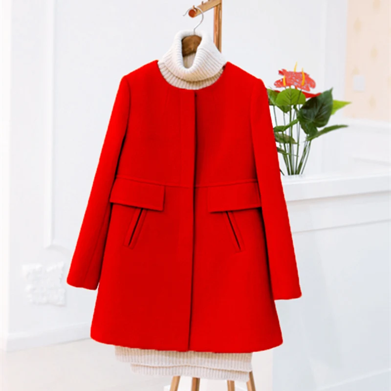 New Spring Autumn Plus Size Wool Coat Women Loose A-line Long Sleeved Medium Long Black Yellow Korean Coat Casacos S~5XL - Цвет: red