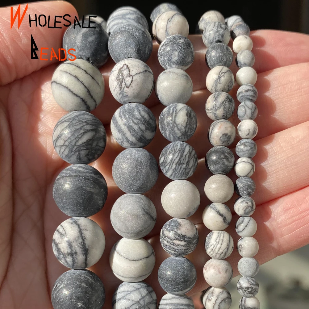 Natural Round Beads 4/6/8/10/12mm Dull Polished Black Web Jaspers Stone Loose for Jewelry Making Diy Bracelets Accessories | Украшения и