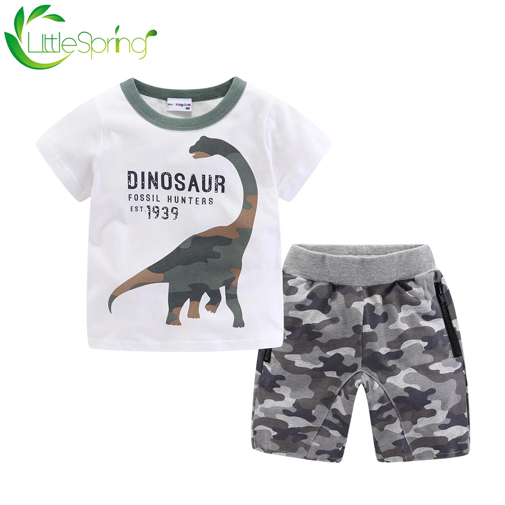 Футболка LittleSpring с принтом в виде динозавра модные камуфляжные короткие