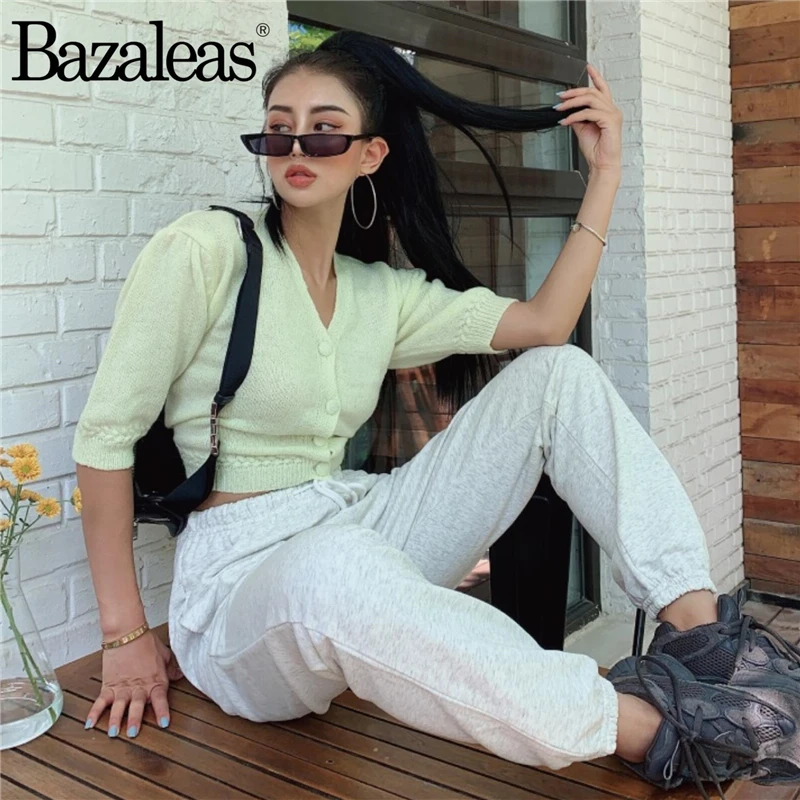 Bazaleas Винтажный Розовый писташ Женское пальто harajuku Kintted Carfigans Candy hues хлопковый свитер с v-образным вырезом пуговицы Повседневная Прямая поставка