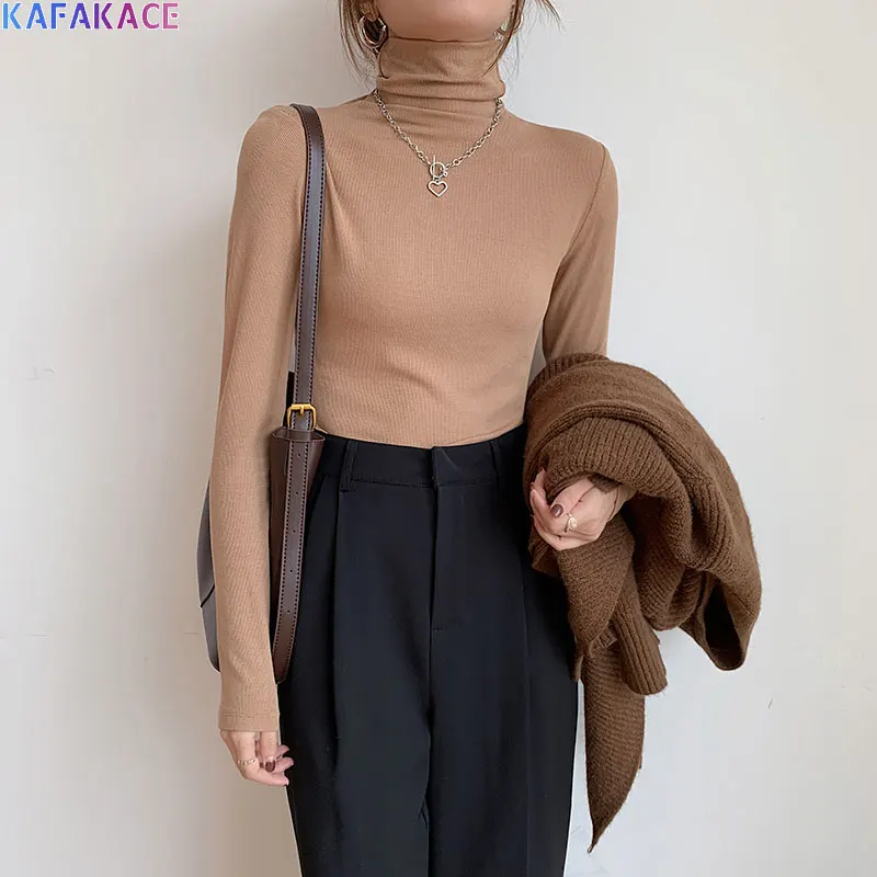 

KAFAKACE 2020 Women T-Shirt Basic Cotton Turtleneck Knitting Solid Tops&Tees Casual Long Sleeve Korean Show Thin Autumn Pullover