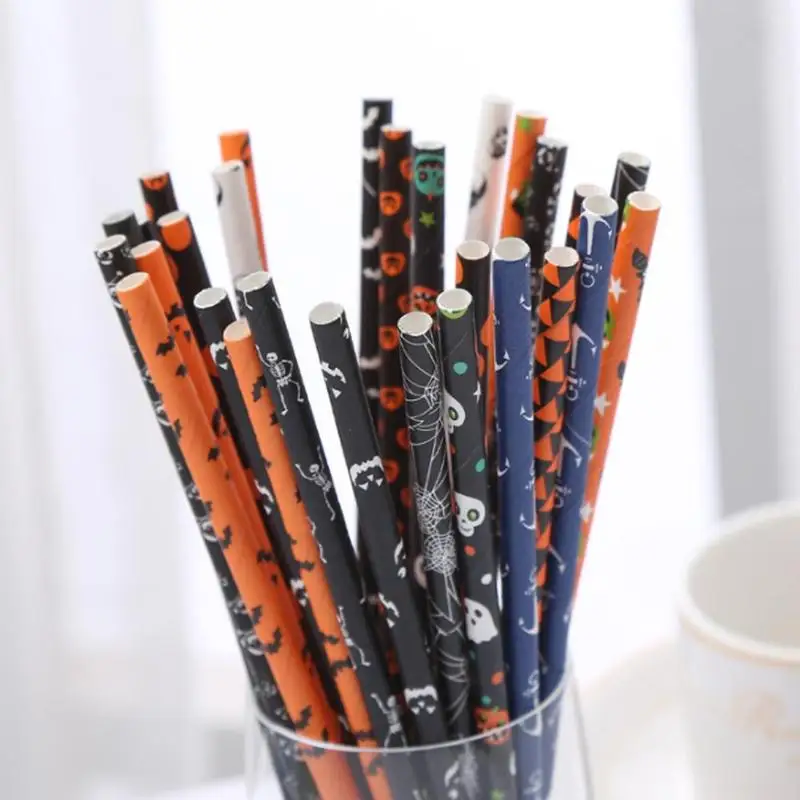 Durable Pumpkin Ghost Skull Halloween Decoration Toy Sipper Party 25 Pieces/pack Disposable Beverage Paper Pipette Biodegradable