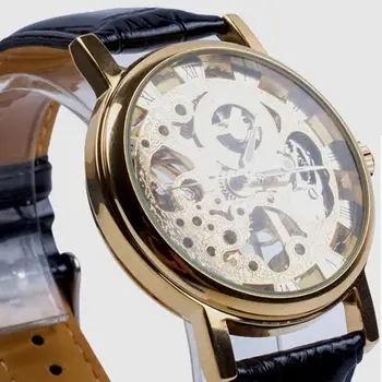 

HOT SALE Men Fashion Luxury Hollow Skeleton Round Dial Faux Leather Strap Wrist Watch fashion men sports watches cool wristwatch