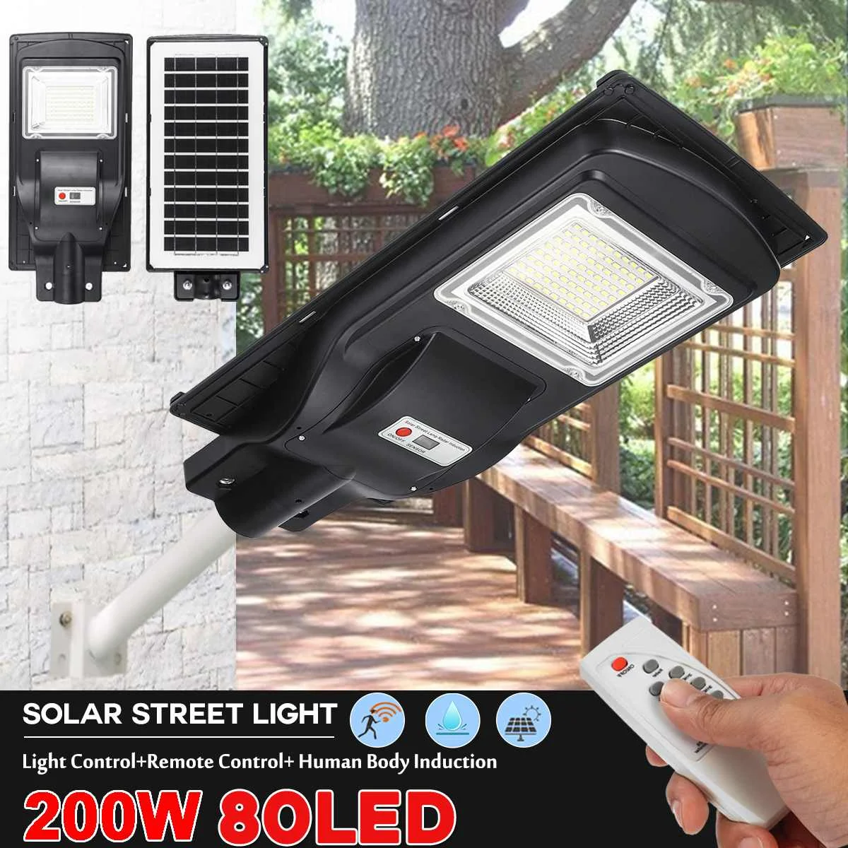 

Smuxi 200w 80LEDs Street Lamp IP67 Light Control+Remote Control+PIR Human Body Induction Solar Street Light Waterproof