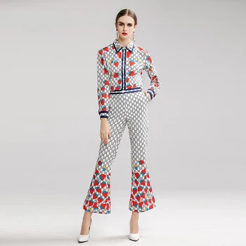 

Xiaomoli fashion casual ball shirt wide leg trousers printing reduced body repair two-piece set 2019 fall new