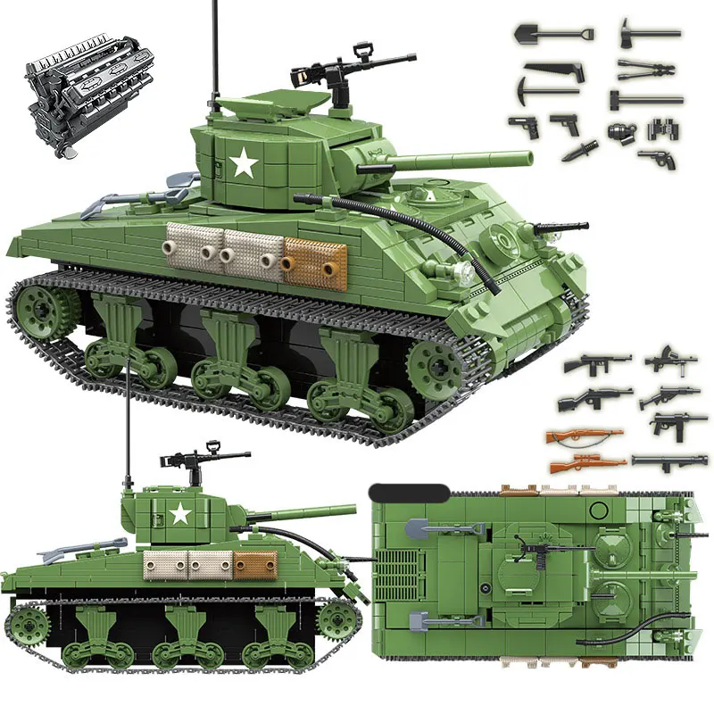 726 шт военные US Sherman M4A1 Танк строительные блоки WW2 техника город детей полицейский