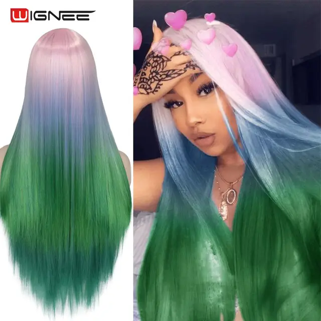 Wignee Long Natural Straight Wig Blonde Middle Part Cosplay Party Lolita Synthetic Wigs for Women Heat Resistant Fiber Pink Blue Green