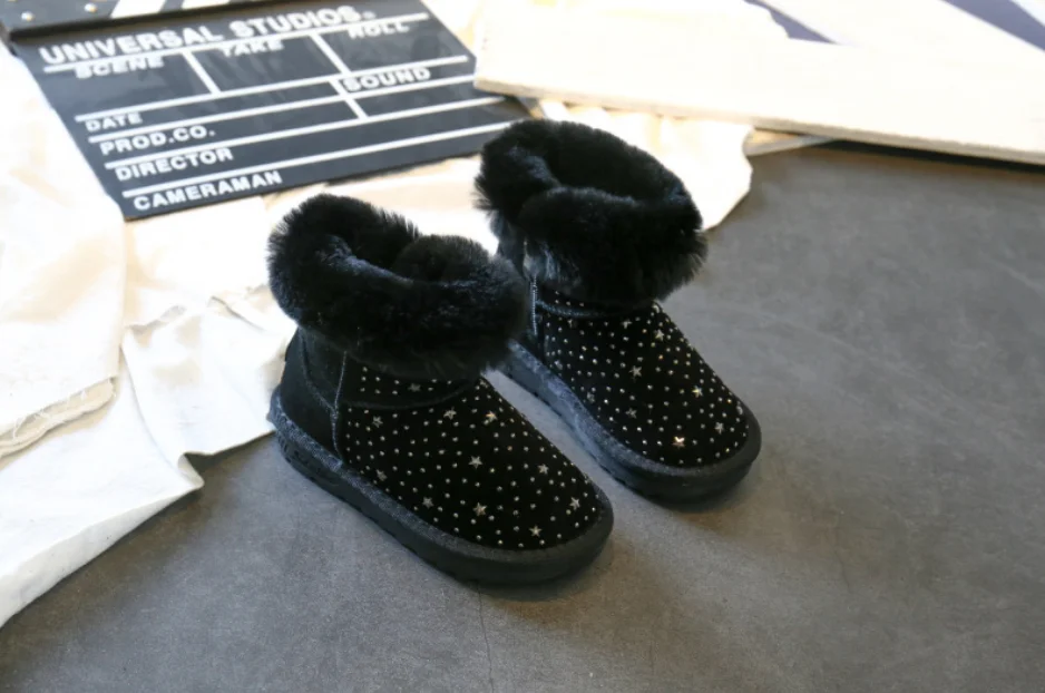 winter kids snow boots baby girls crystal shoes genuine leather fur pink ankle boots school children warm plush boots - Цвет: Черный