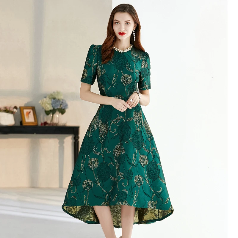 Quality Women short Sleeve Maxi summer Dress Elegant Boho Floral Jacquard Dress Fashion Party Long Autumn Dress