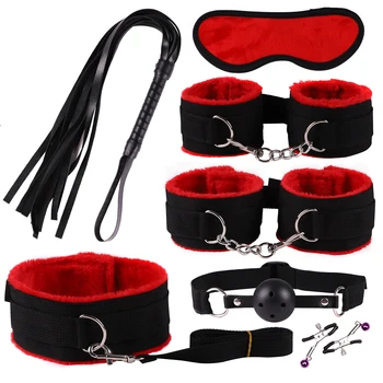 Sex Games Whip Gag Nipple Clamps Sex Toys For Couples Exotic Accessories Sexy Leather BDSM Kits Plush Sex Bondage Set Handcuffs 6