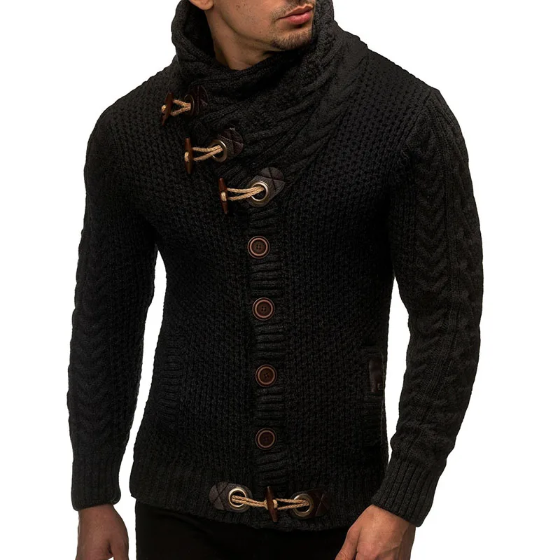 Men Cardigan Sweater Casual Slim Knitted Sweaters Horns Buckle Croissant Button Thick Hedging Turtleneck Men Sweater Coat