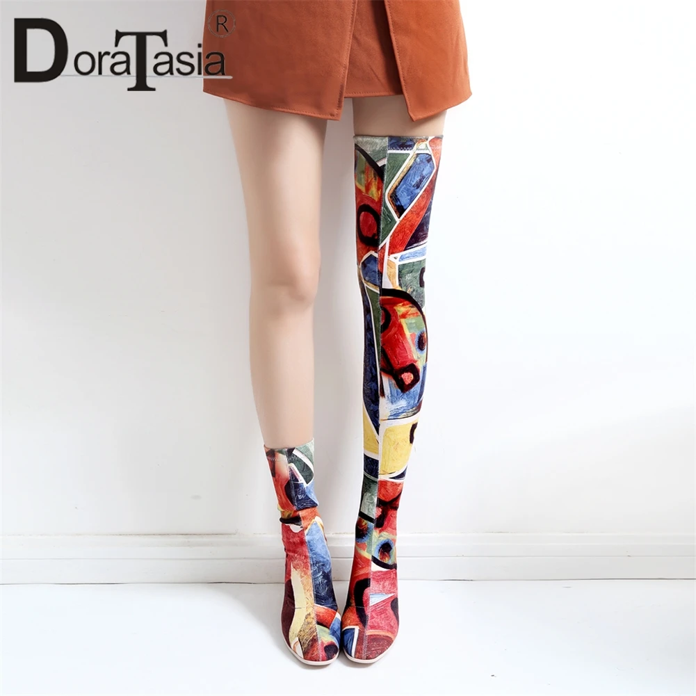 

DORATASIA Brand Print Graffi Over The Knee Boots Ladies Sexy Stretch Thigh High Boots Women 2019 Autumn High Heels Shoes Woman