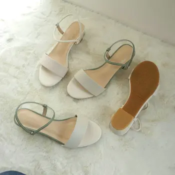 

Genuine Leather Women Round Toe Chunky Heel Comfor Weding new woman sandals 2020 summer green beige white 34-40