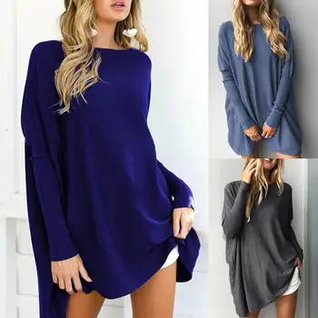 

Women Casual Loose Solid Color Long Sleeve Round Neck Pullover Blouse Top Shirt