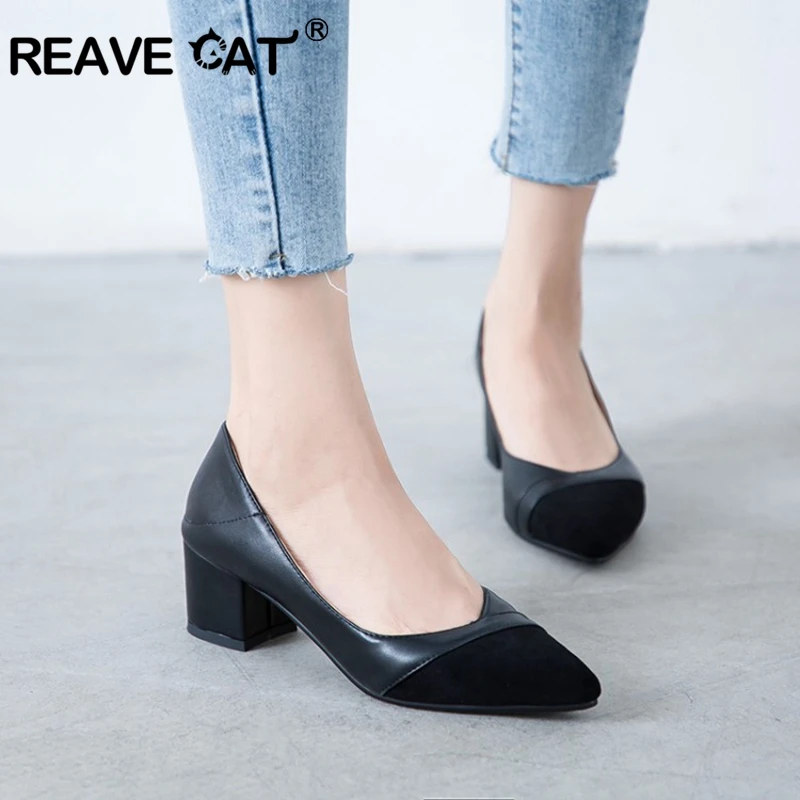 REAVE CAT/Женская обувь для отдыха телесного цвета, с острым носком, на квадратном каблуке 5,5 см, без шнуровки, однотонные, смешанные цвета, большие размеры 33-43, черный, бежевый
