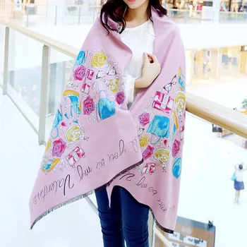 

Autumn and Winter Super Hand Digital Printing Cute Cartoon Bookbag Cashmere Scarf Warm Super Shawl