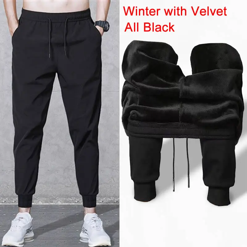 ALL Black Velvet Мужские спортивные штаны, Осень-зима, мужские бархатные спортивные штаны для фитнеса, эластичные бегуны, тренировочные брюки, повседневные хлопковые мужские футбольные штаны для бега - Цвет: ALL Black Velvet
