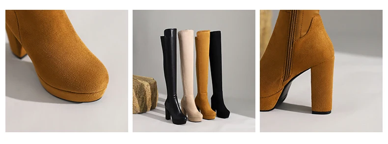 2025 New Waterproof Platform Stitching Over-The-Knee Women's Boots Super High Thick Heel Suede Short Plush PU Long Boots