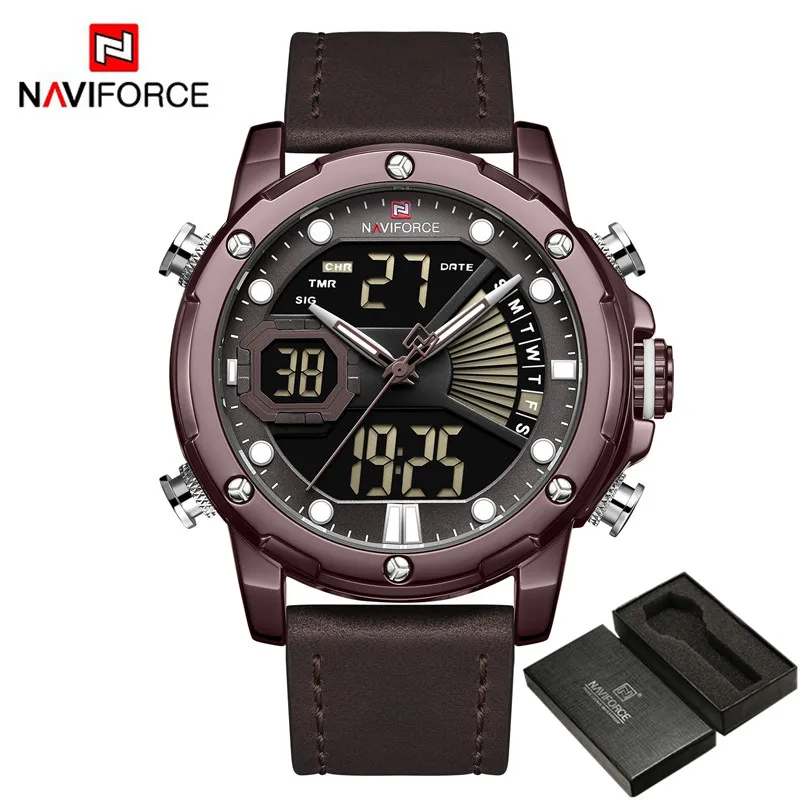 NAVIFORCE, мужские часы, цифровые, спортивные, Лидирующий бренд, Роскошные, мужские наручные часы, Военный стиль, натуральная кожа, светодиодный, кварцевые, модные мужские часы, 9172 - Цвет: NA917202 with box