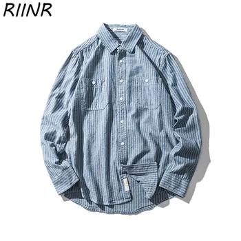 

Riinr 2020 Spring New Retro Casual style Light Blue Vertical Striped Washed 100% Cotton Long-sleeved Shirt