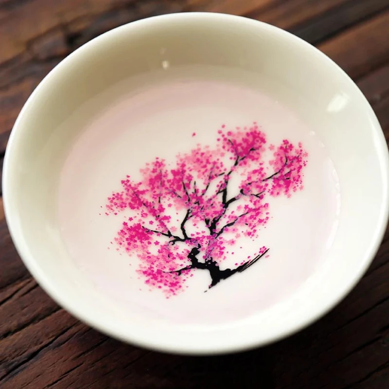Magic Sakura Sake Cup Color Change with Cold/Hot Water-See Peach Cherry Flowers Bloom Magically Sakura Blossom Tea Bowl NIN668