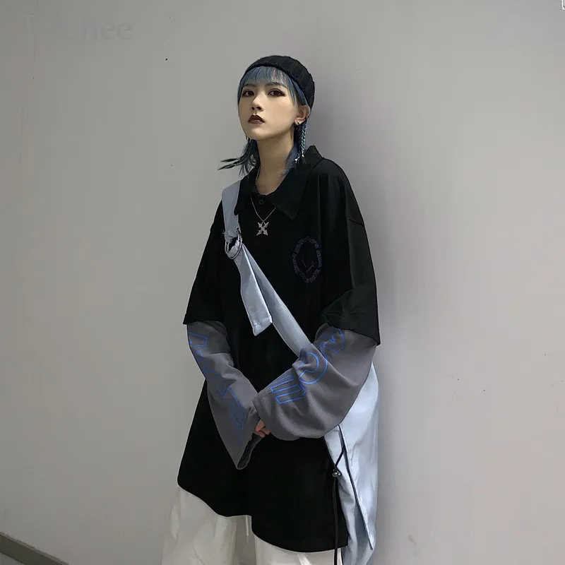 Lychee Harajuku с буквенным принтом женская футболка Поддельные 2 шт. свободный Женский пуловер Топы повседневные весенние женские футболки