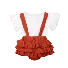 Юбочный наряд для маленьких девочек от 0 до 24 месяцев, 2 предмета, хлопковая Футболка с оборками и льняная рубашка с бретелями, платье с юбкой