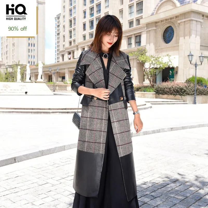 

Brand Luxury Woman Splice Long Windbreaker Coat Fashion Genuine Leather Plaid Sheepskin Jacket Female Elegant Slim Fit Outerwear