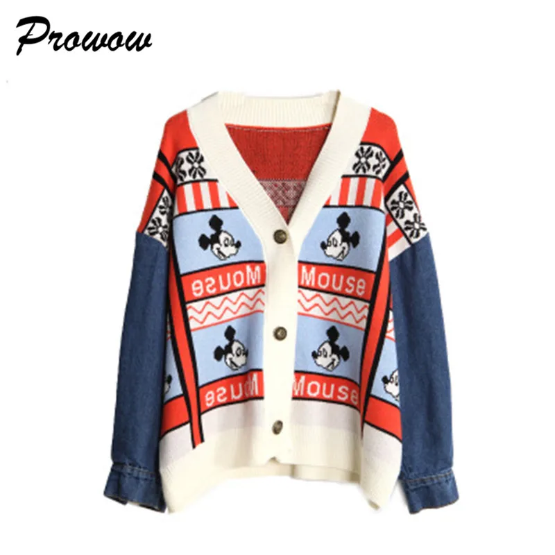 Mickey Cardigan Sweater Cartoon Loose Sweater Stitching Denim Sweater Coat Women Casual Sweater Cardigan Female Tops - Цвет: Красный