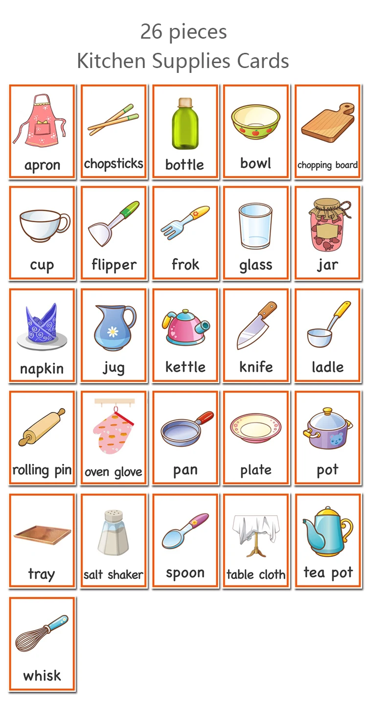Cartões de Palavra para Crianças Cartões de Cozinha Cartões de Memória Inglês Aprendendo Suprimentos Montessori Educacional Cognitivo Flash Jogo 26 Pçs 2 Computers & Electronics