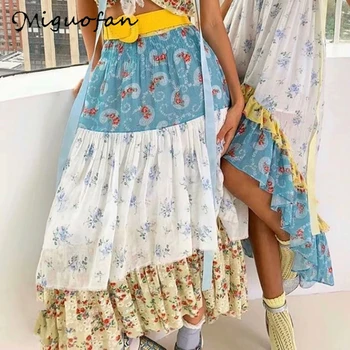 

Miguofan boho style wome long skirts high waist maxi skirts floral print pleated Asymmetry beach summer skirts 2020 vintage new