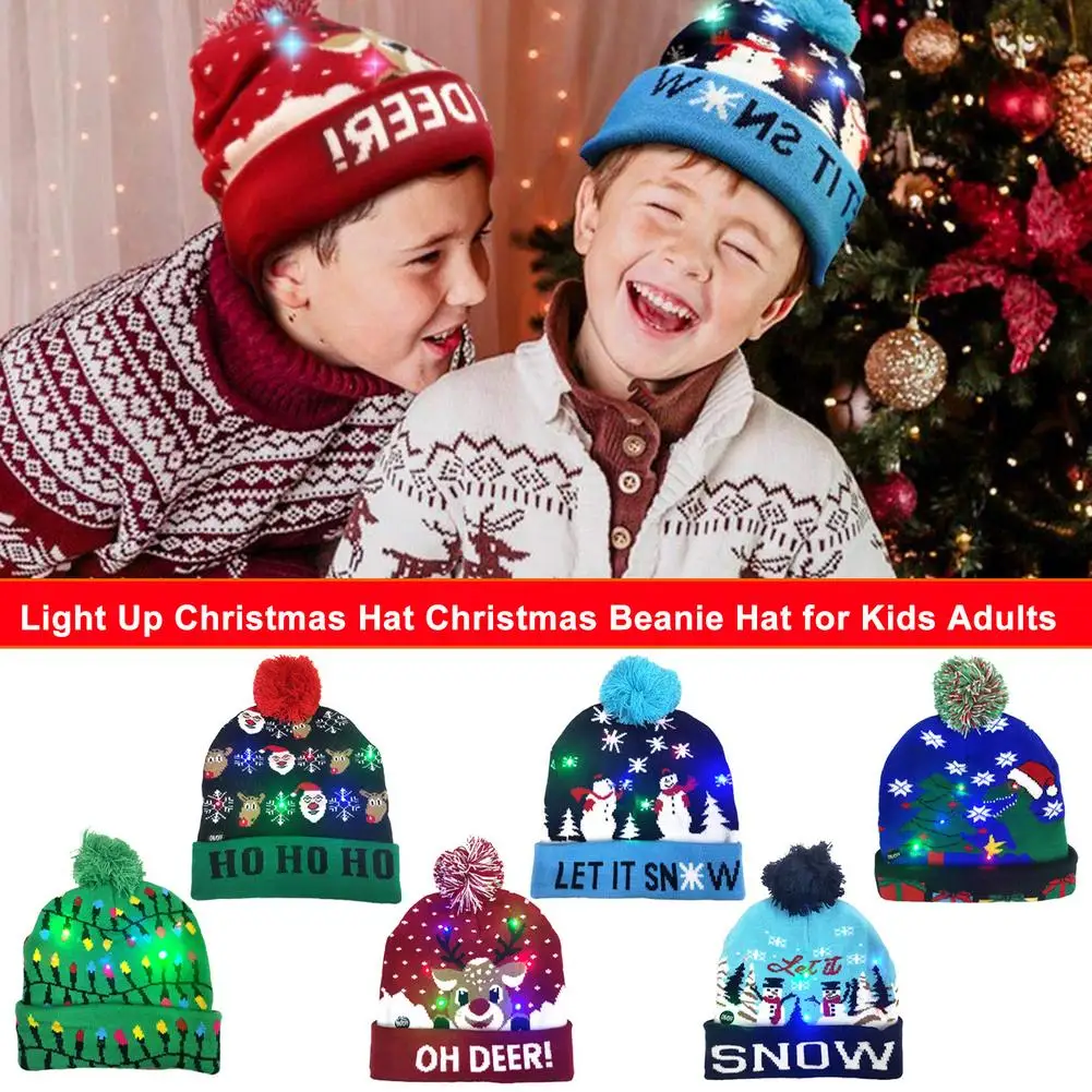LED Light Up Christmas Hat Christmas Knitted Beanie Hat Party Warmer Cap For Kids Adults