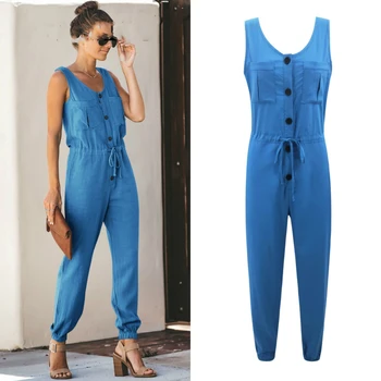 

Women Casual Jumpsuit Summer 2019 Female Sleeveless Pockets Buttons Rompers Womens Jumpsuits Ladies Formal Office Romper