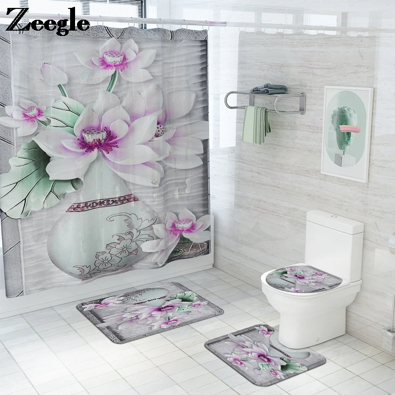 Zeegle Bath Mat and Shower Curtain Set Micorfiber Bathroom Carpet Anti Slip Mat Toilet Rug for Bathroom Waterproof Foot Mat