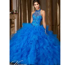 Roya Blue Бальные платья бальное платье Холтер органза оборки бисером кристаллы дешевые Сладкие 16 Платья