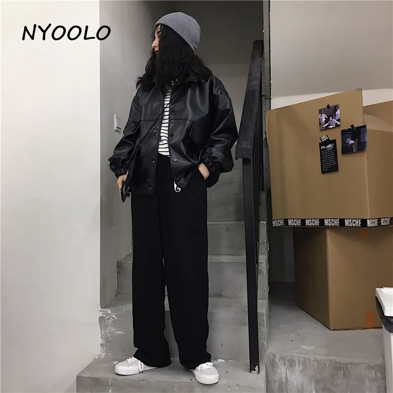 NYOOLO Autumn Winter street pockets motorcycle jacket Casual loose Covered Button PU leather Bomber jackets women men outerwear