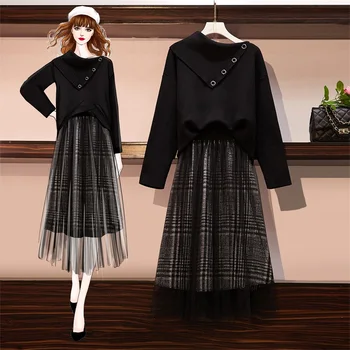 

Plus Size Two Piece Sets Autumn Spring Knitted Sweater Long Sleeve Tops + Mesh Skirt Suits 2 Piece Sets Women Outfits TA9020